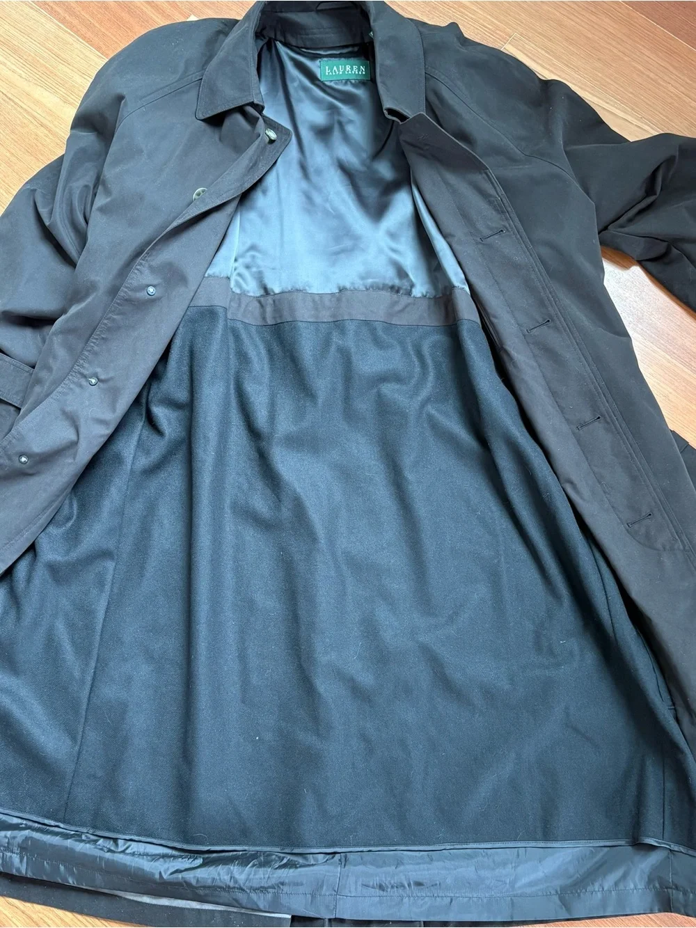 Lauren Ralph Lauren Black Microfiber Trench Coat Removable Wool Liner Men's 46L